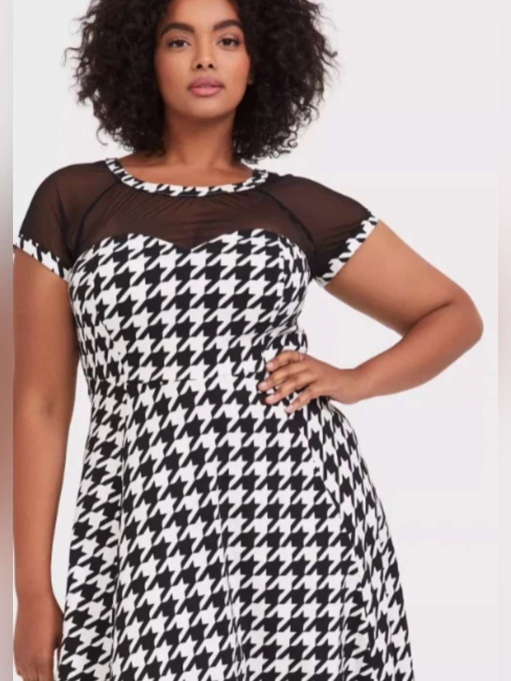 Torrid 20 Black White Rockabilly Pinup Mesh Panel Houndstooth Plus Dress 2X EUC